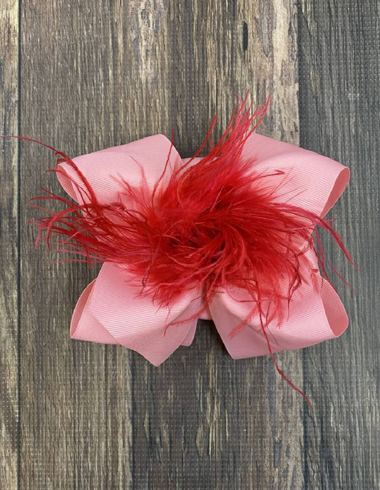 Texas Size Pink & Red Feather Puff Hair Bow